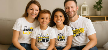 Family of four wearing matching t-shirts with humorous text